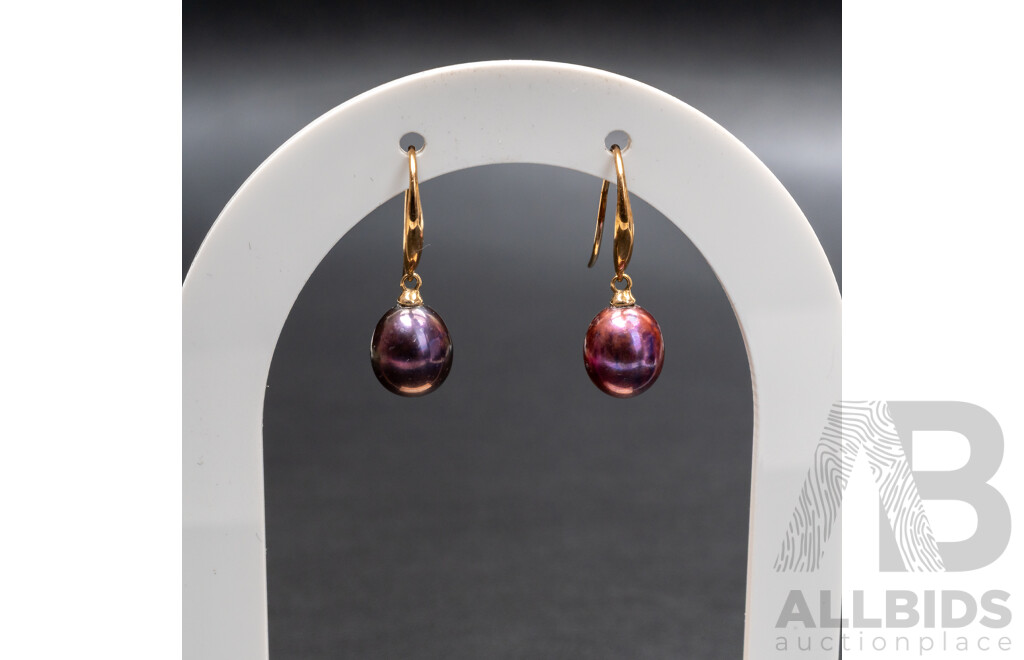 BRAND NEW - 9ct Aubergine Cultured Pearl Drop Earrings, 25mm, 2.33 Grams