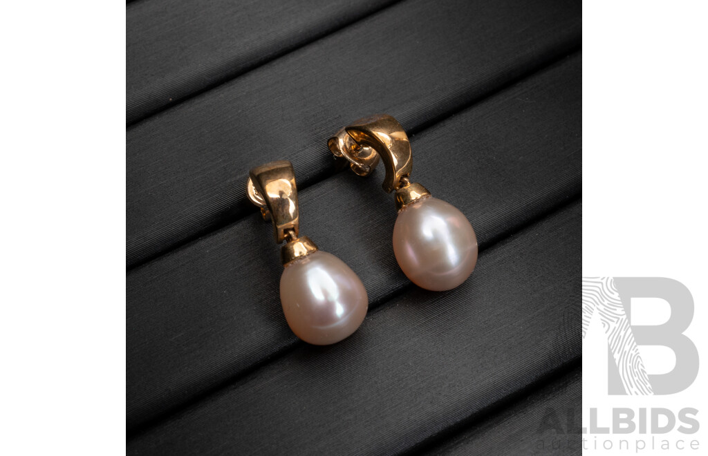 BRAND NEW - 9ct Pink Cultured Pearl Drop Stud Earrings, 17mm, 2.71 Grams