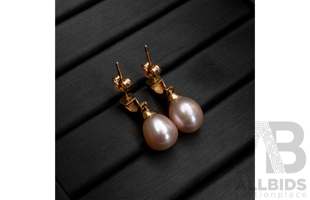 BRAND NEW - 9ct Pink Cultured Pearl Drop Stud Earrings, 17mm, 2.71 Grams