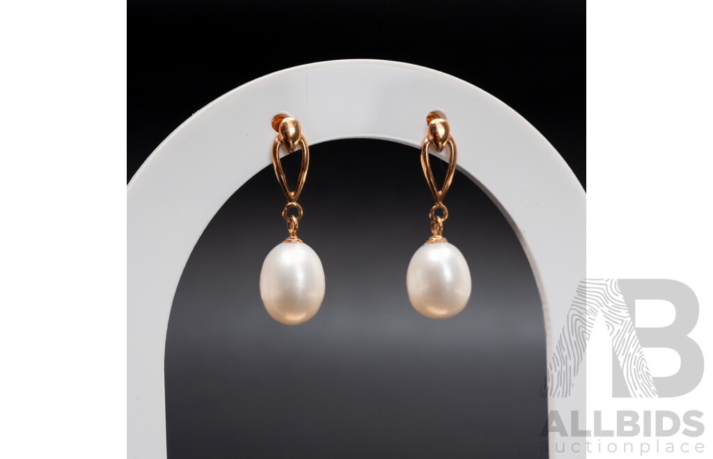BRAND NEW - 9ct Rose Gold White Cultured Pearl Drop Stud Earrings, 25mm, 2.61 Grams