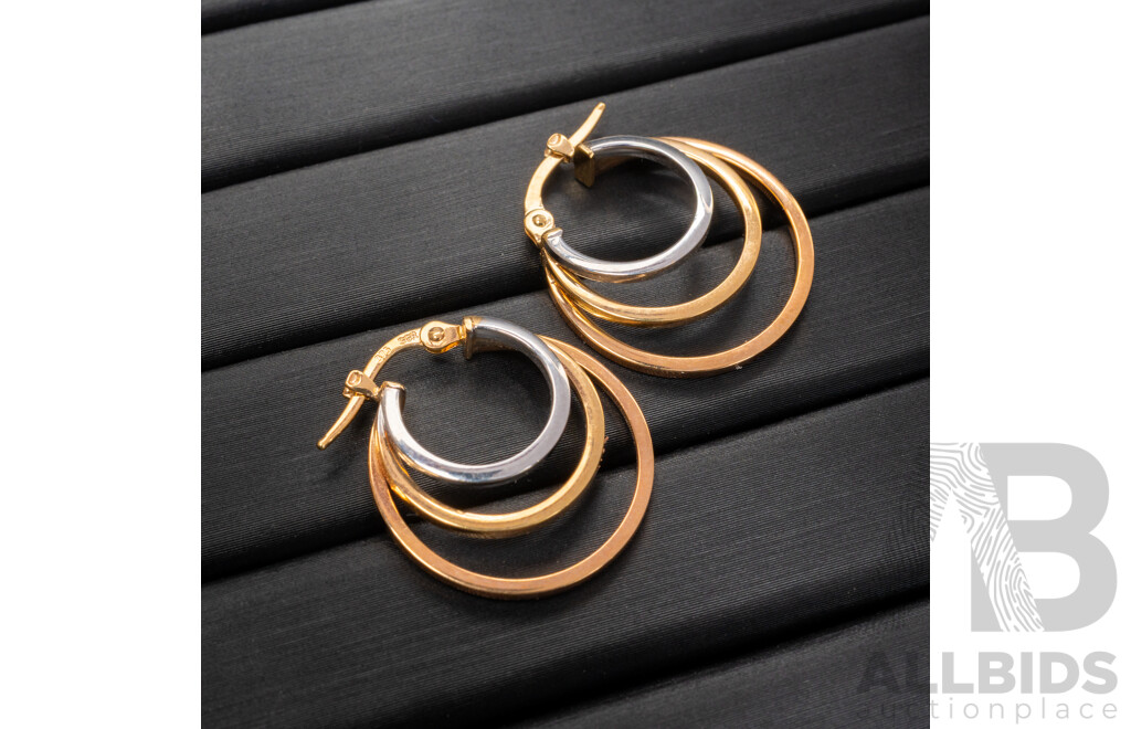 BRAND NEW - 9ct Triple Hoop Earrings in White/Rose/Yellow Gold, 20mm, 1.61 Grams