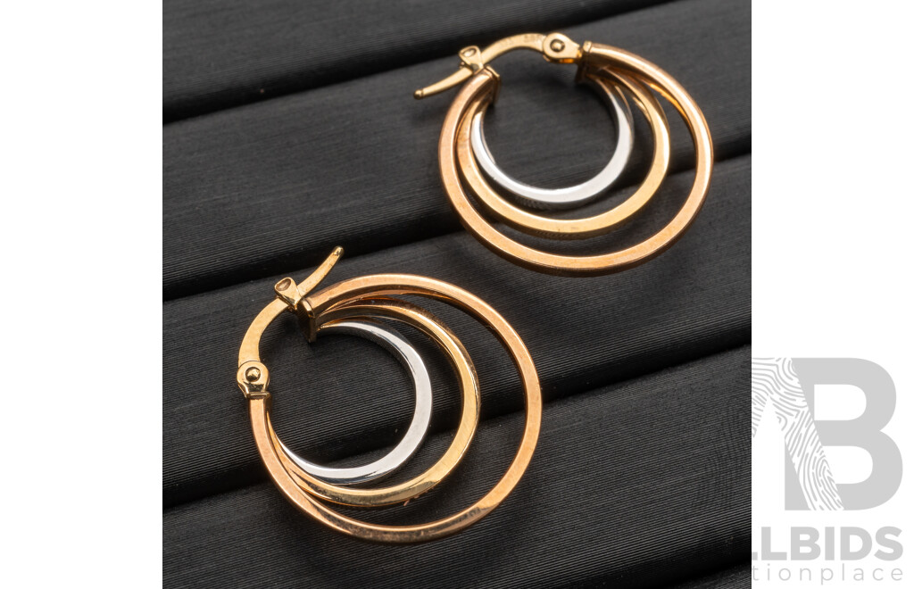 BRAND NEW - 9ct Triple Hoop Earrings in White/Rose/Yellow Gold, 20mm, 1.61 Grams