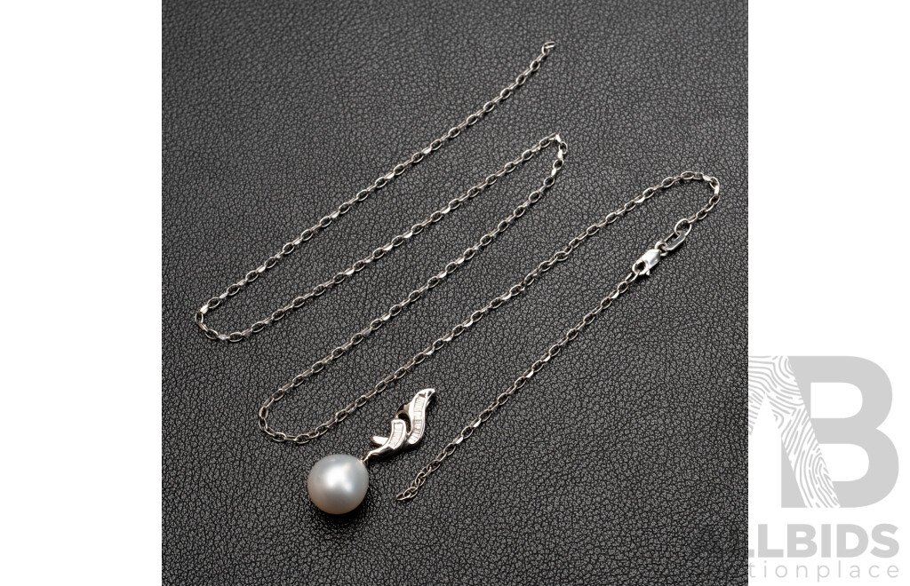 BRAND NEW - 18ct White Gold South Sea Pearl & (0.10ct) Diamond Drop Pendant on 9ct White Gold Necklace (broken), 45cm, 4.83 Grams
