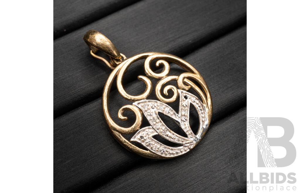 9ct Diamond Set Lotus Medallion Pendant, 20mm, 2.21 Grams
