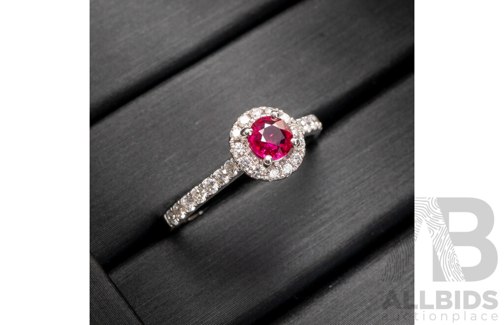 BRAND NEW - 18ct White Gold Ruby & Diamond Halo Ring, Est S0.50ct/TDW0.30ct, Size N, 3.25 Grams