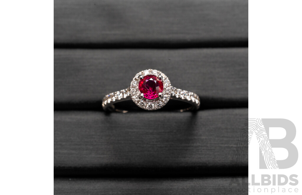 BRAND NEW - 18ct White Gold Ruby & Diamond Halo Ring, Est S0.50ct/TDW0.30ct, Size N, 3.25 Grams