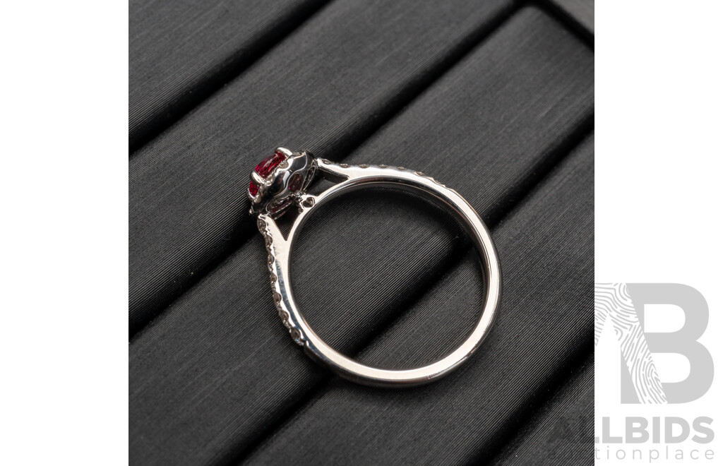BRAND NEW - 18ct White Gold Ruby & Diamond Halo Ring, Est S0.50ct/TDW0.30ct, Size N, 3.25 Grams