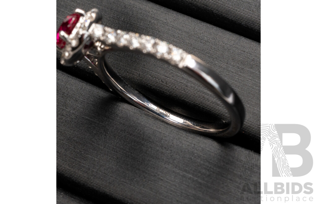 BRAND NEW - 18ct White Gold Ruby & Diamond Halo Ring, Est S0.50ct/TDW0.30ct, Size N, 3.25 Grams