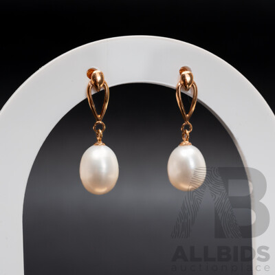 BRAND NEW - 9ct Rose Gold White Cultured Pearl Drop Stud Earrings, 25mm, 2.61 Grams