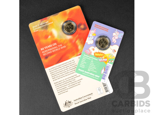 Two Australian RAM UNC Coloured Two Dollar Coins, 2025 Remembering the Second World War 80 Years on and 2026 Tooth Fairy