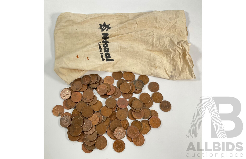 Collection of Australian KGVI/QE2 Pennies, Examples Spanning 1944 to 1964 with National Australia Bank Calico Bag