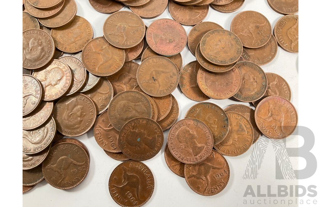 Collection of Australian KGVI/QE2 Pennies, Examples Spanning 1944 to 1964 with National Australia Bank Calico Bag