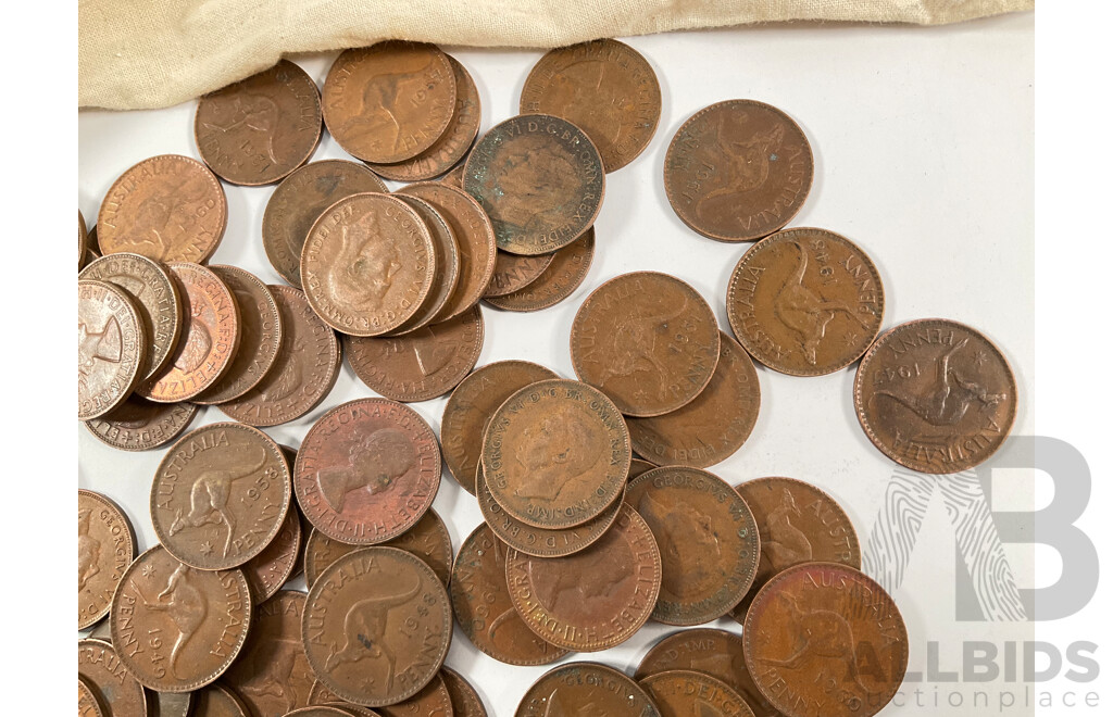 Collection of Australian KGVI/QE2 Pennies, Examples Spanning 1944 to 1964 with National Australia Bank Calico Bag