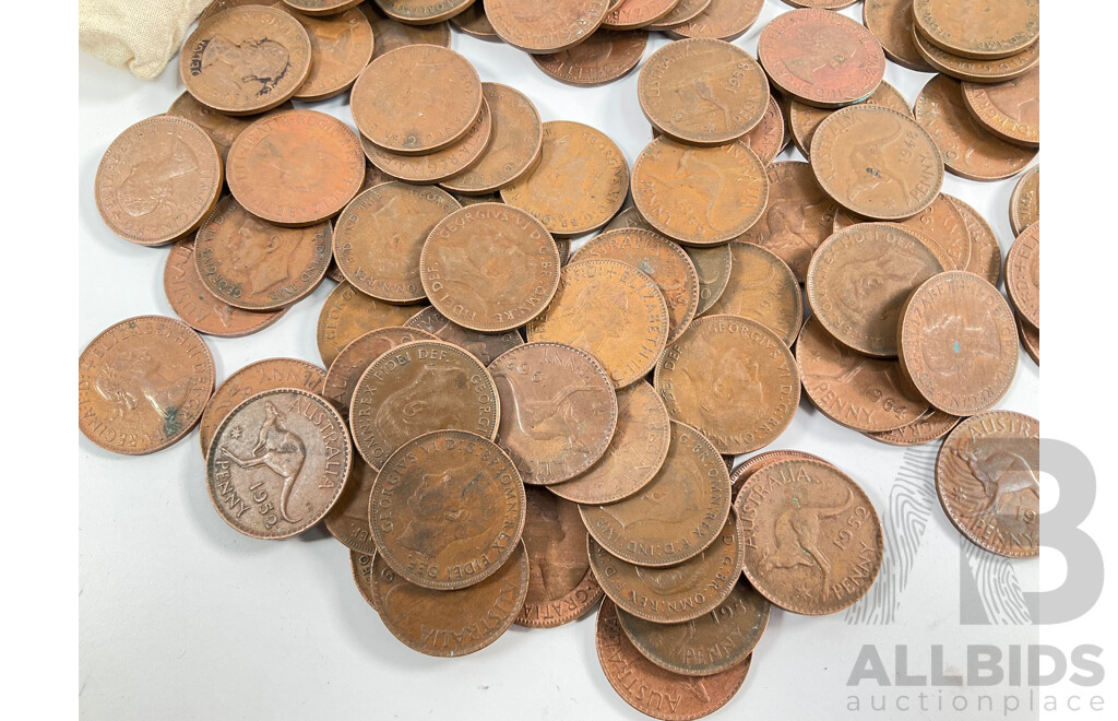 Collection of Australian KGVI/QE2 Pennies, Examples Spanning 1944 to 1964 with National Australia Bank Calico Bag