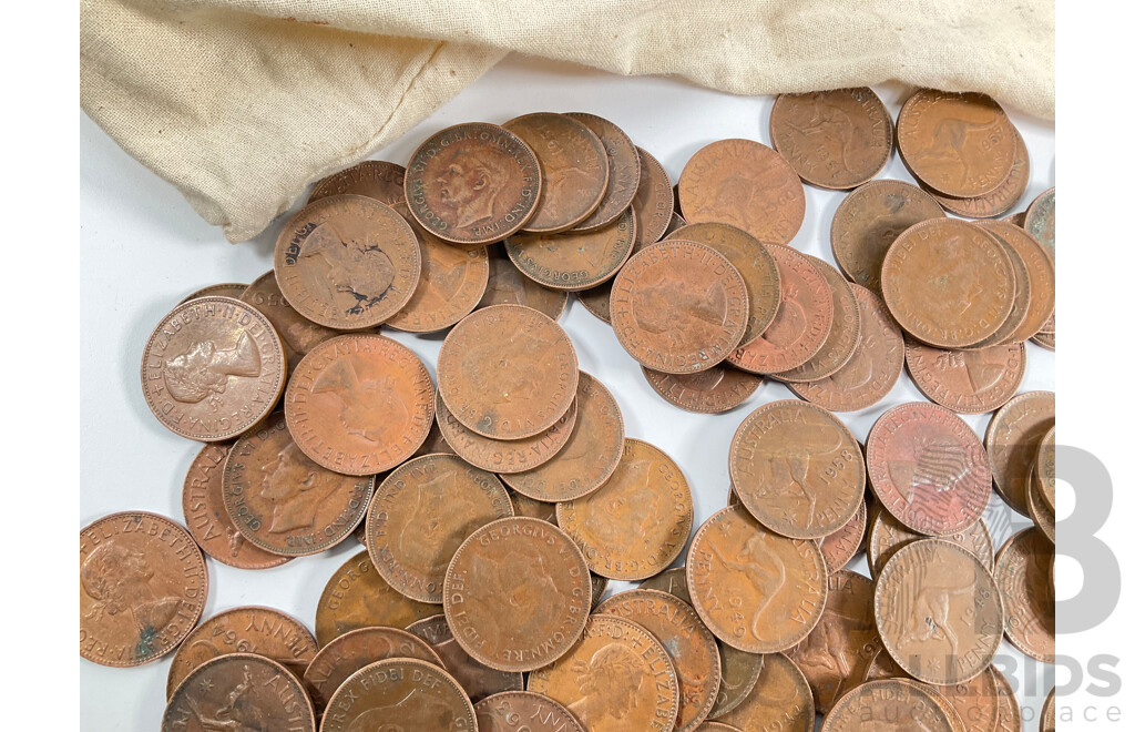 Collection of Australian KGVI/QE2 Pennies, Examples Spanning 1944 to 1964 with National Australia Bank Calico Bag