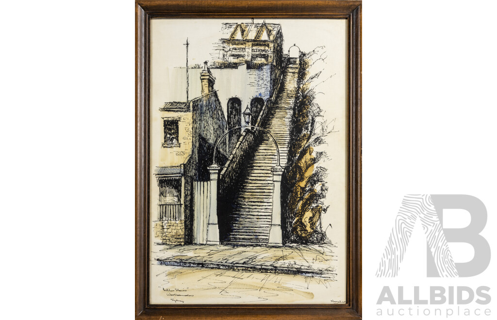 Marcel, (20th Century), Butler Stairs, Woolloomooloo, Sydney (1968), Original Vintage Ink & Watercolour, 61 x 44 cm (frame)