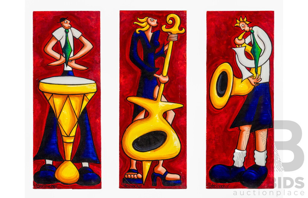 Jeff Steinacker (20th Century, American-Born Australian, 1970-), Jazz Trio, Wonderful Original Acrylics on Canvas Cloth, 90 x 34 cm (3)