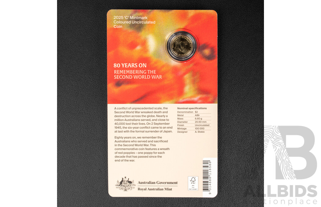 Australian RAM 2025 Two Dollar Coin, 80 Years on - Remembering the Second World War, C Mint Mark