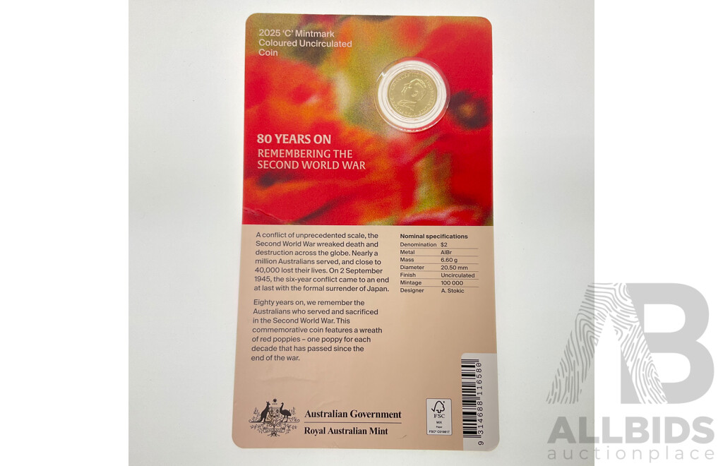Australian RAM 2025 Two Dollar Coin, 80 Years on - Remembering the Second World War, C Mint Mark
