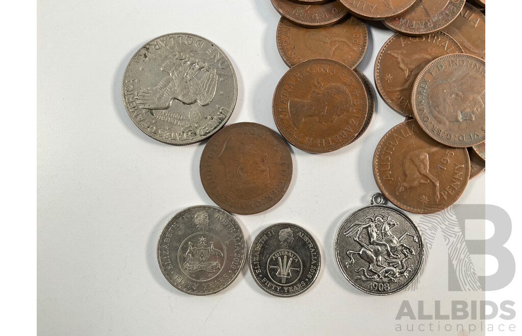 Collection of Australian KGVI/QE2 Pennies, Examples Spanning 1940 to 1964 with 2016 Ten and Twenty Cent, Fifty Years of Decimal Currency, USA 1974 Eisenhower One Dollar...........