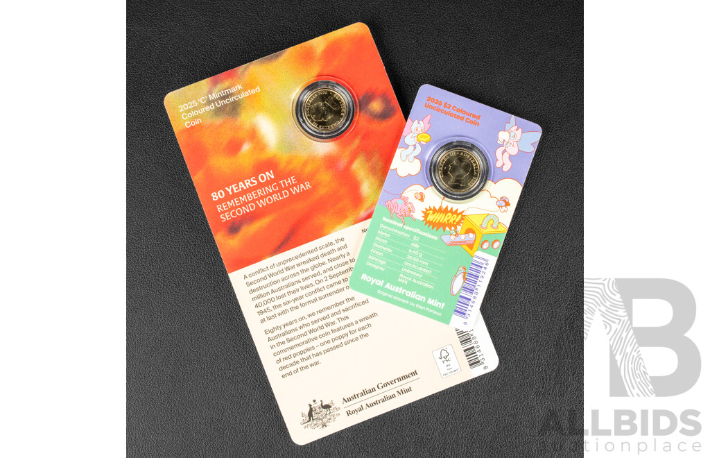 Two Australian RAM UNC Coloured Two Dollar Coins, 2025 Remembering the Second World War 80 Years on and 2026 Tooth Fairy