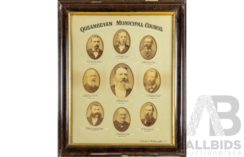 Rare & Historically Significant Late Victorian Albumen Silver Photographic Composite Featuring Queanbeyan Municipal Council (c1893-94), 71H x 59W cm (frame)