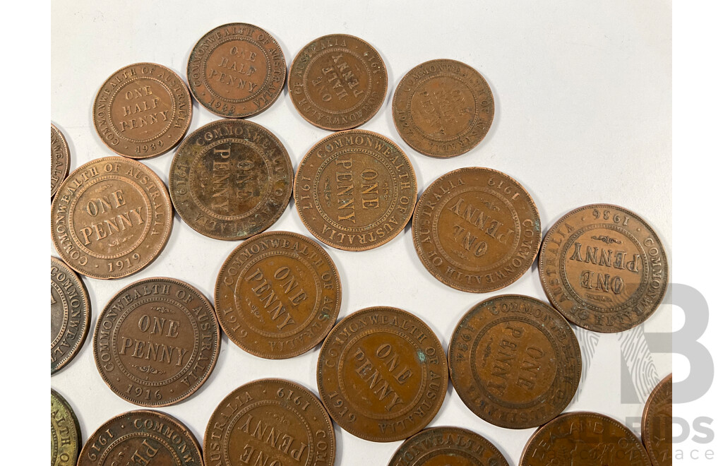 Collection of Australian KGV Pennies and Half Pennies Spanning 1911 to 1936