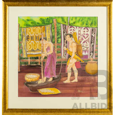 Devi C. (20th Century, Asian School), Village Life, Vintage South East Asian Silk Panel Batik, 64 x 63 cm (frame)