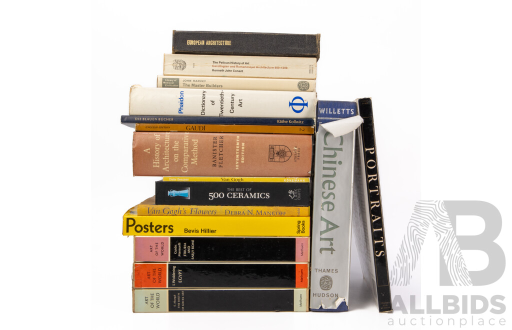 Collection of Books Relating to Art and Architecture Including The Master Builders, An Outline of European Architecture, Van Gogh's Flowers, Art of the World, Dictionary of Twentieth Century Art, Posters