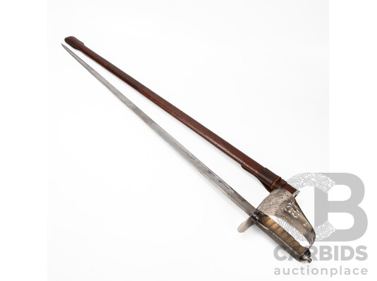 Fine Original Antique British 1897 1/4th Battalion Essex Regiment George V Infantry Sword with Leather Scabbard, 100 cm (length approx)