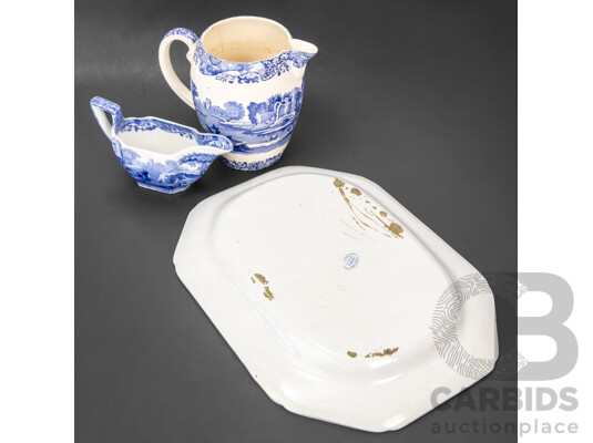 Vintage Spode Copeland Italian Blue and White Porcelain Platter Plate, Jug and Creamer