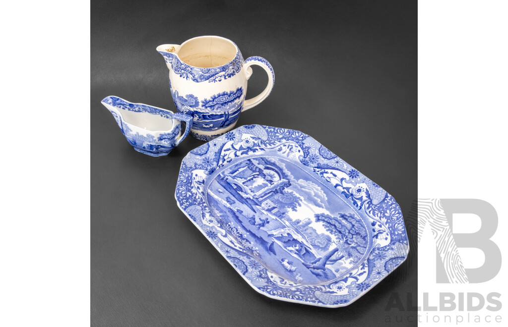 Vintage Spode Copeland Italian Blue and White Porcelain Platter Plate, Jug and Creamer