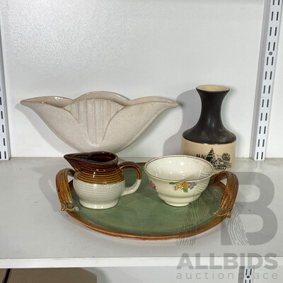 John Mawhinney Pottery Platter, Elischer Ceramic Wine Decanter, Mid Century Shell Vase
