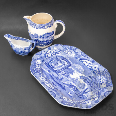 Vintage Spode Copeland Italian Blue and White Porcelain Platter Plate, Jug and Creamer