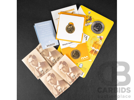 Seven Australian Commemorative One Dollar Coins Including Four 1995 Waltzing Matilda C Mint Marked, 2003 Korean War C Mint Marked, 2022 Coin Hunt Darrell Lea, 2022 Muttaburrasaurus, 2021 Animalia Twenty Cent