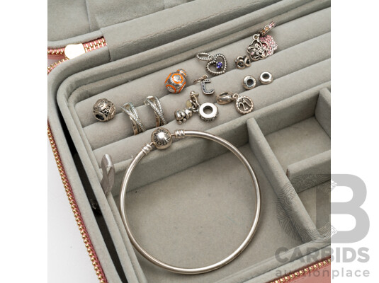 Collection of Sterling Silver Pandora Earrings, Bangle & Charms in Original Box