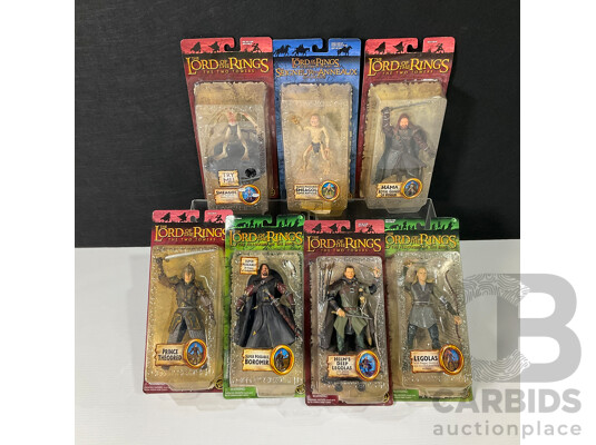 Collection of Seven Lord of the Rings Figures in Original Packaging