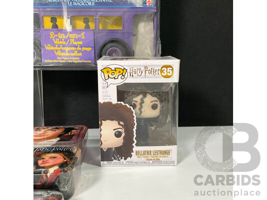 Collection of Harry Potter Paraphernalia Including Figures, Knight Bus, Pop Vinyl, Metal Tin, Money Box and More