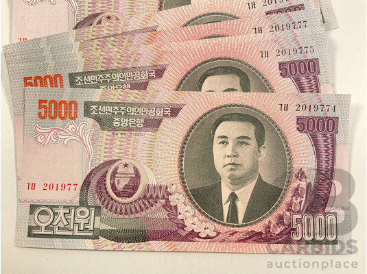 Twenty Seven North Korea UNC Five Thousand Won Banknotes, Consecutive 2019774 - 2019800