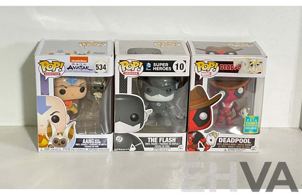 Collection of Three Funko Pop! Figures Including the Flash, Deadpool, and Aang in Original Boxes