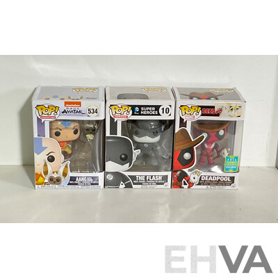 Collection of Three Funko Pop! Figures Including the Flash, Deadpool, and Aang in Original Boxes
