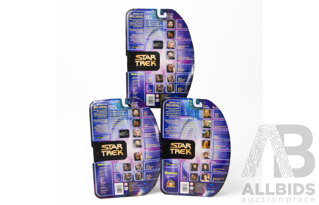 Collection of Three Star Trek Figures Including Captain Jean-Luc Picard, Lieutenant Thomas Riker & Lieutenant Commander Worf in Original Packaging