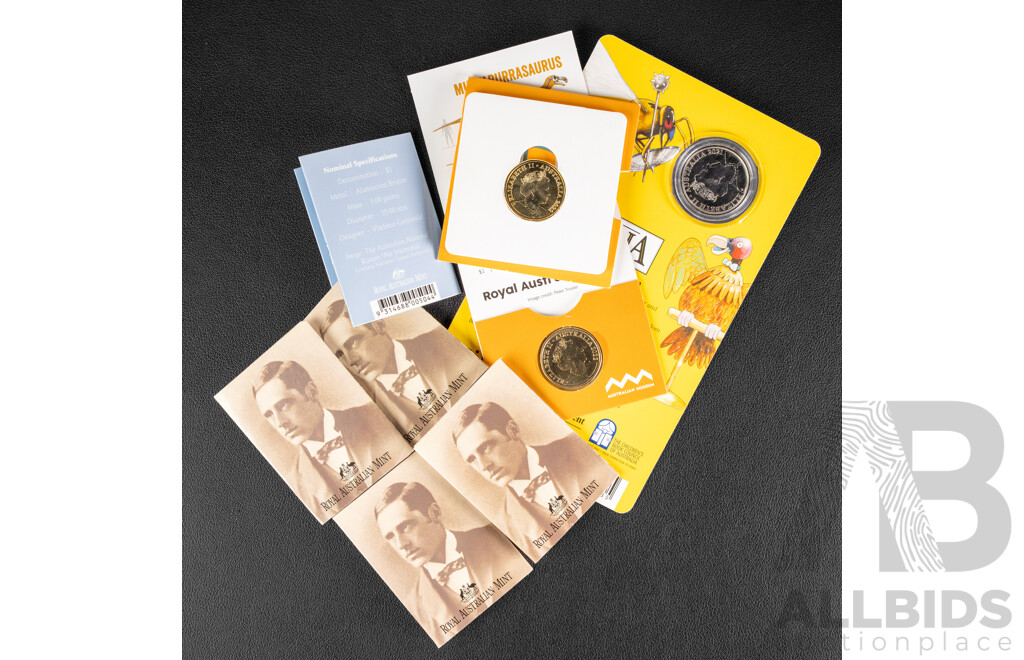 Seven Australian Commemorative One Dollar Coins Including Four 1995 Waltzing Matilda C Mint Marked, 2003 Korean War C Mint Marked, 2022 Coin Hunt Darrell Lea, 2022 Muttaburrasaurus, 2021 Animalia Twenty Cent
