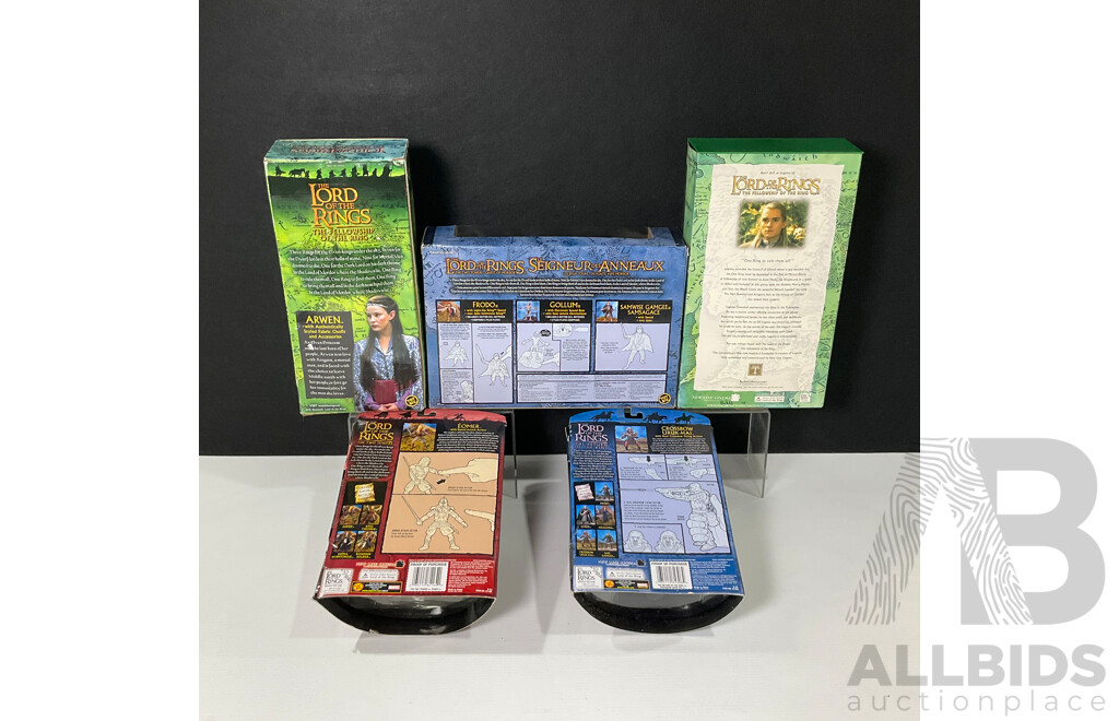 Collection of Five Lord of the Rings Figures in Original Packaging Including Special Edition Legolas and Arwen