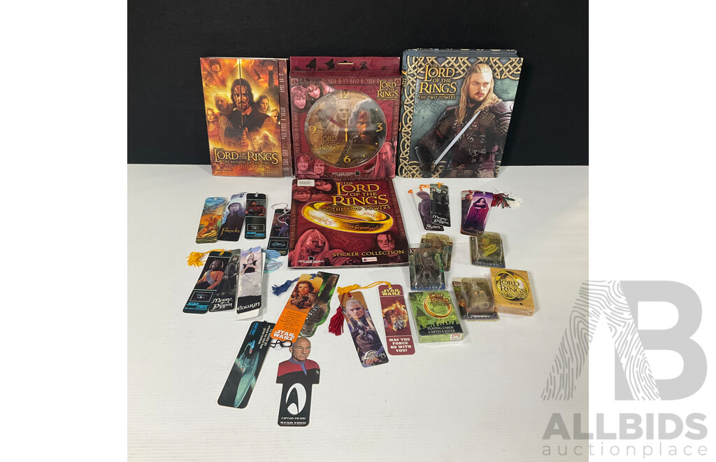 Collection of Lord of the Rings Paraphernalia in Original Packaging Including Pin Collection, Cards, Clock, Sticker Collection Book, Tin Container and More