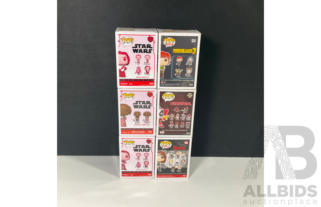 Collection of Six Pop Vinyls in Original Packaging Including Star Wars, Deadpool, Borderlands3 and the Boys