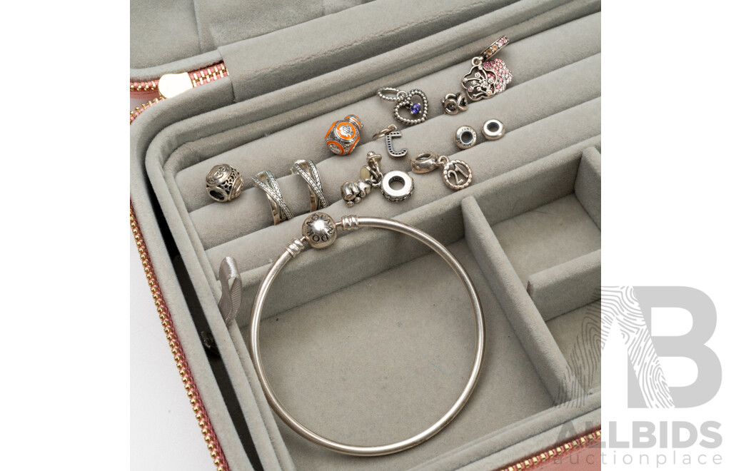 Collection of Sterling Silver Pandora Earrings, Bangle & Charms in Original Box