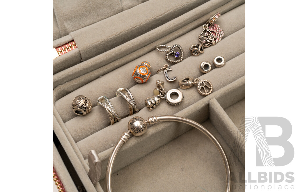 Collection of Sterling Silver Pandora Earrings, Bangle & Charms in Original Box