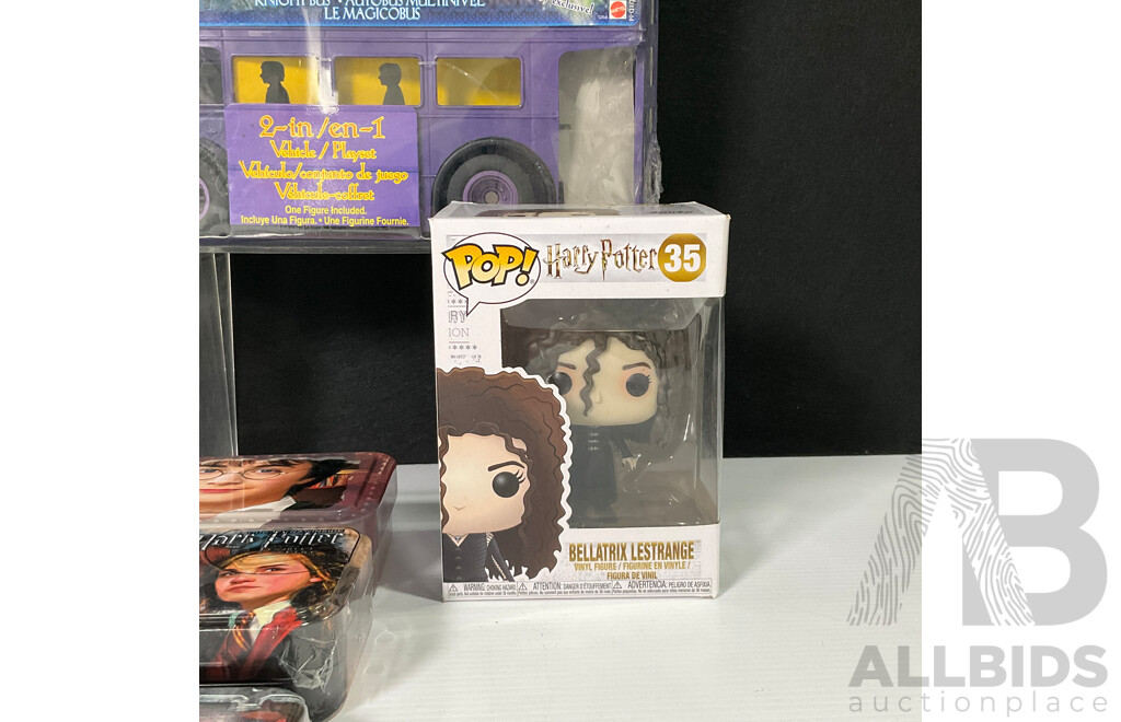 Collection of Harry Potter Paraphernalia Including Figures, Knight Bus, Pop Vinyl, Metal Tin, Money Box and More