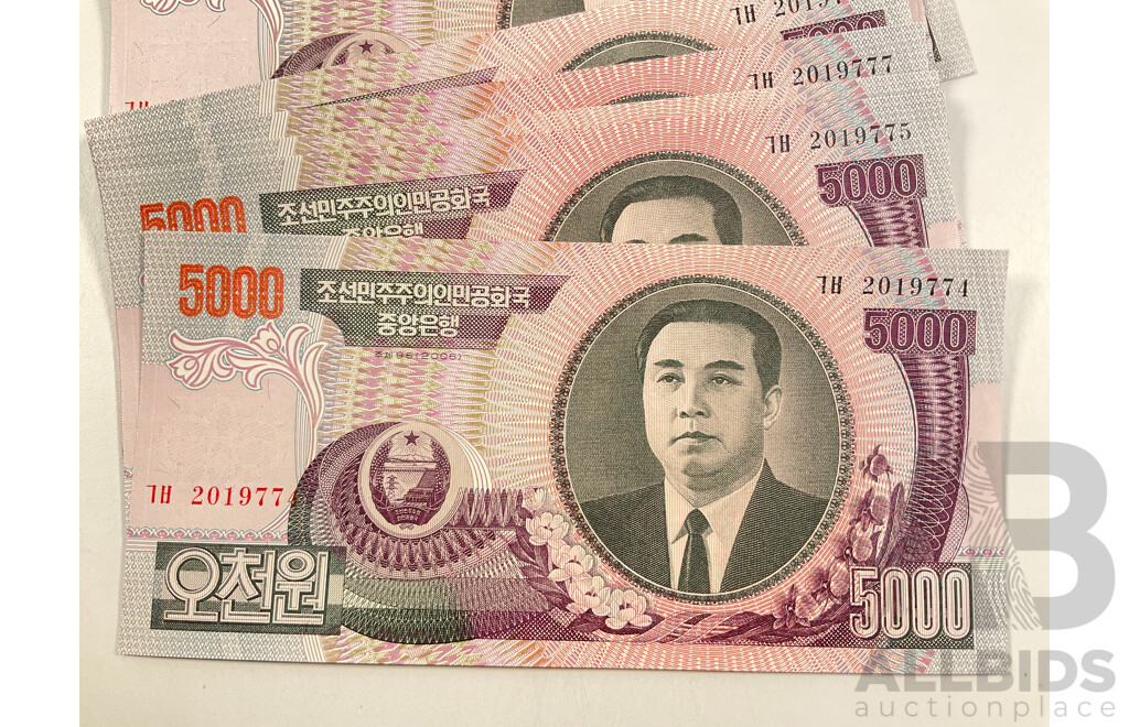 Twenty Seven North Korea UNC Five Thousand Won Banknotes, Consecutive 2019774 - 2019800